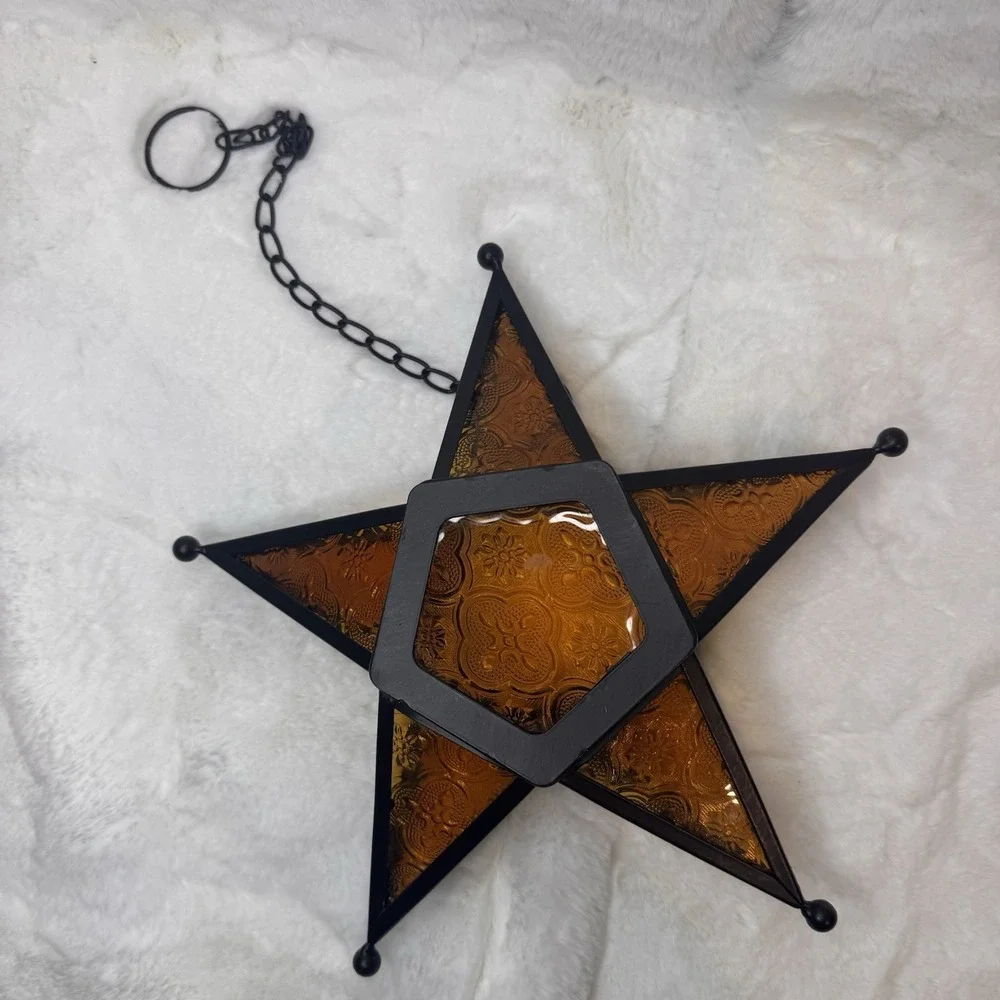 VTG Moroccan Star Style Amber Glass Metal Hanging Tea Light Candle Lantern 9.5